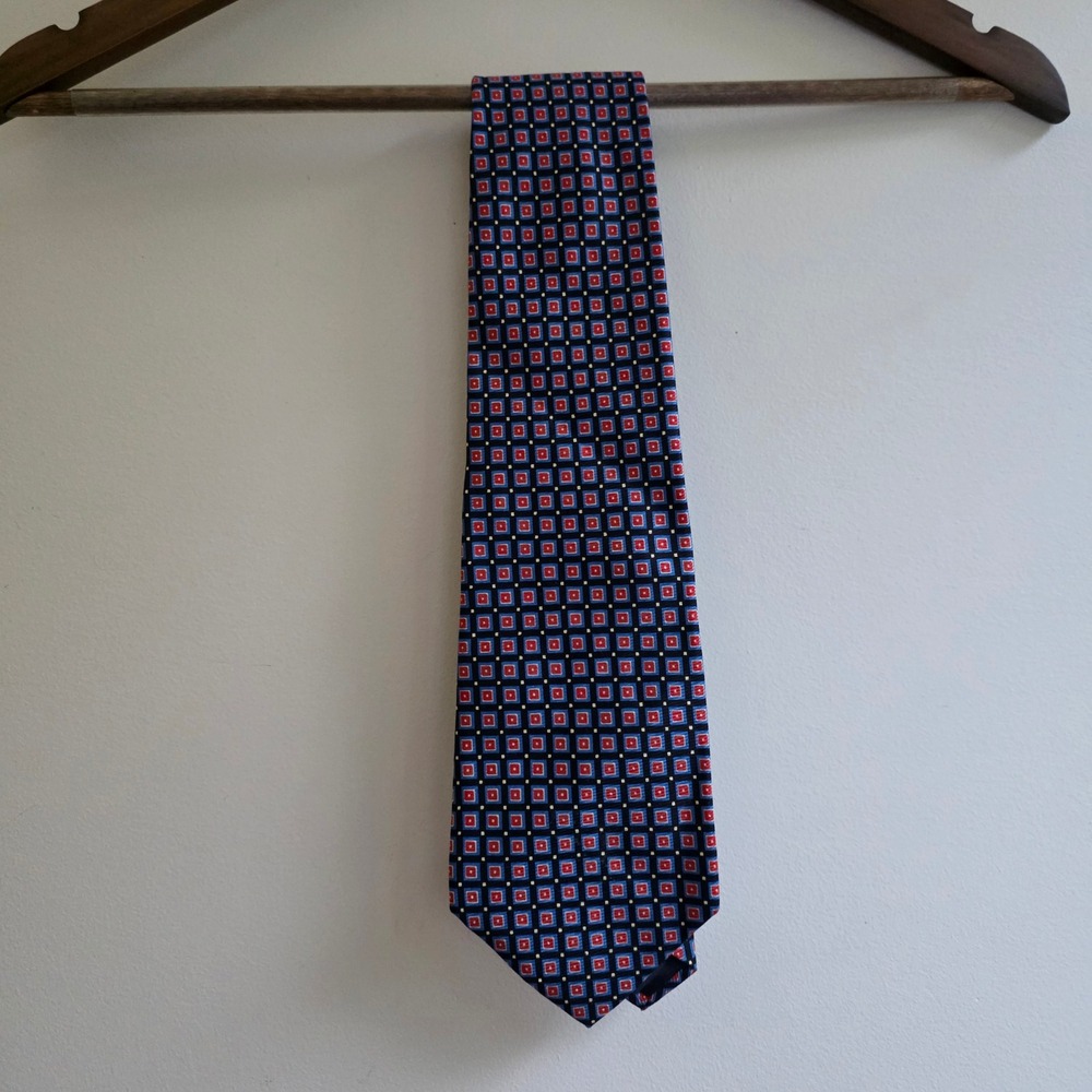 Polo Ralph Lauren Mens Silk Tie Red Blue Geometric Square Pattern‎ Necktie